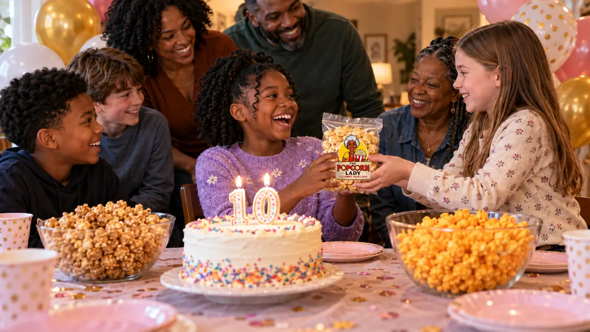 A birthday girl receives a Popcorn Lady popcorn gift from a friend