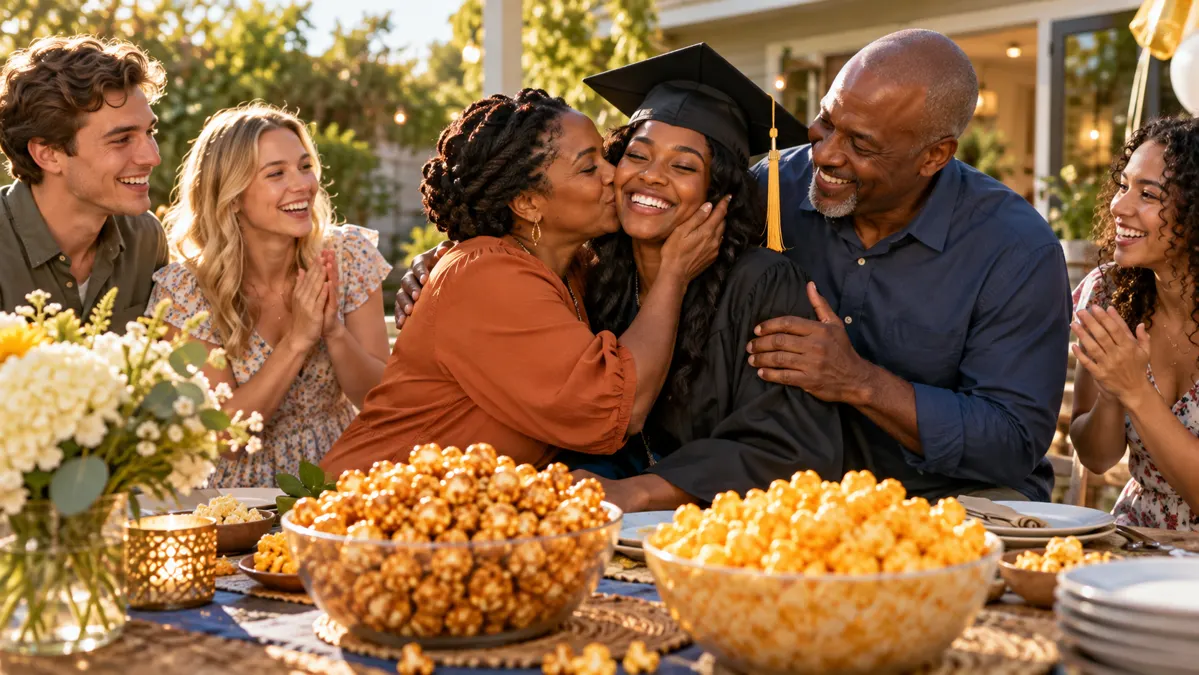 Family and friends celebrate a graduation with gourmet popcorn