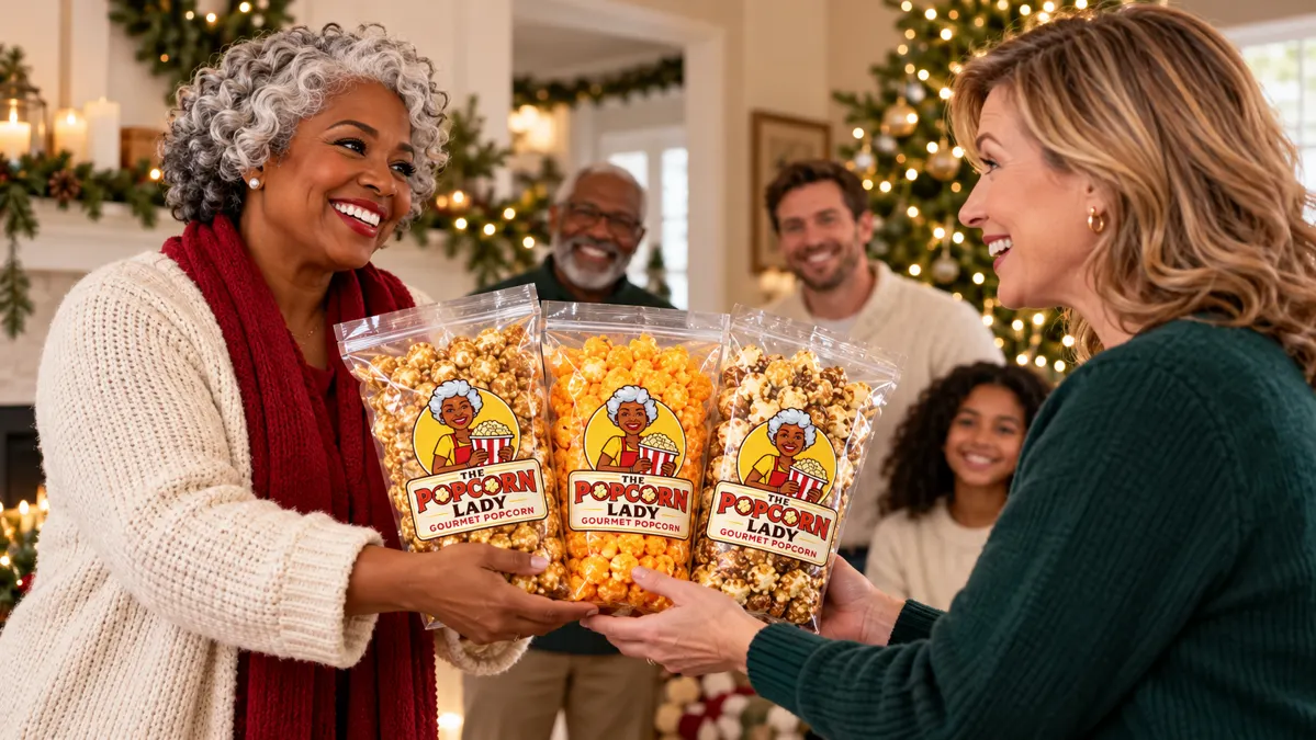 A guest gives the host three branded Popcorn Lady bags at a holiday gathering